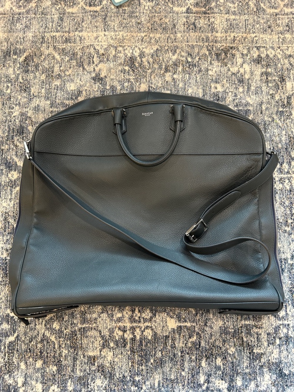 Smythson Black Pebbled Leather Travel Garment Bag with Shoulder Strap